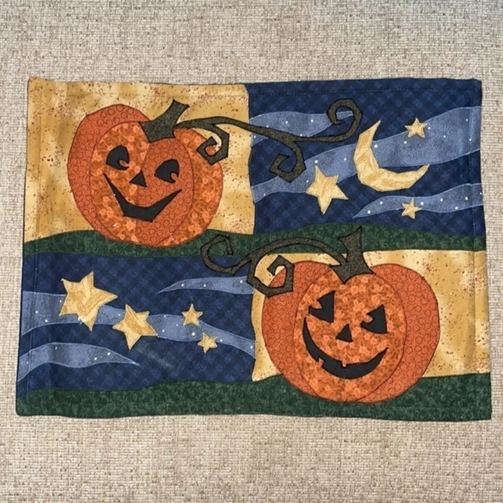 4 Quilted Halloween Jack O Lantern Fabric Placemats Pumpkin Moon Stars 18” x 13”